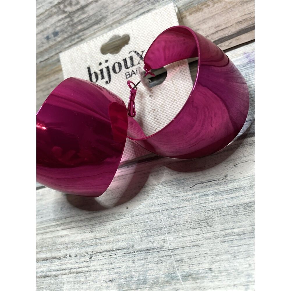 Hot Pink Shiny Hoop EARRINGS 2" Latch‎ Back New on card - Picture 3 of 5